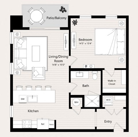 Floor plan for 1 bed, 1 bath, 879 sqft
